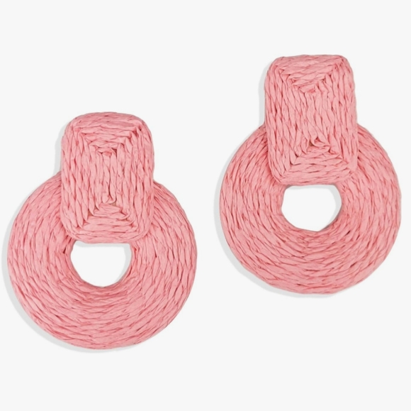Chunky Pink Raffia Rattan Earrings Wicker Door Knocker Bold Statement New - Picture 1 of 6